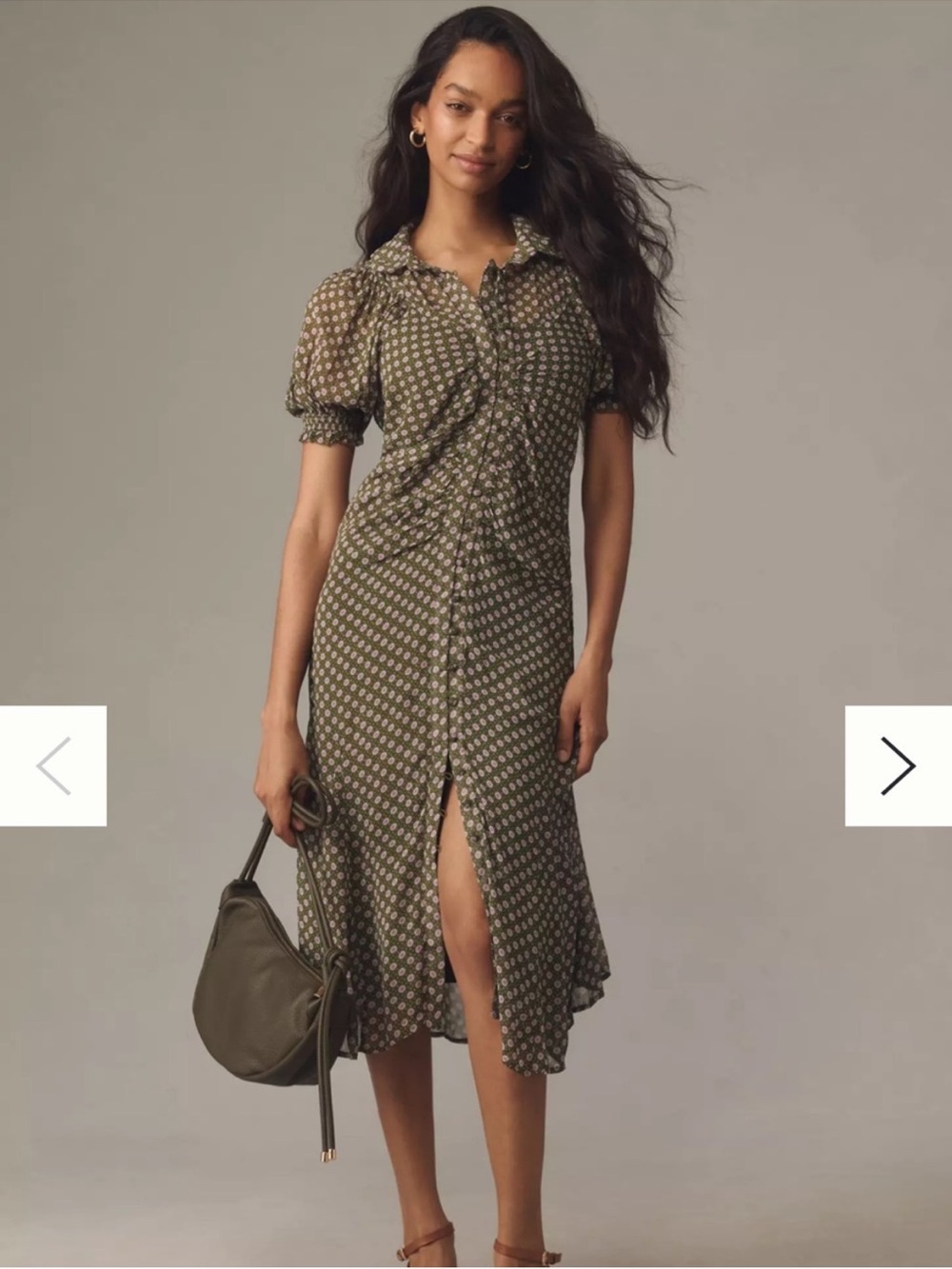 Anthropologie Olive Green Printed Midi Dress with Puff Sleeves